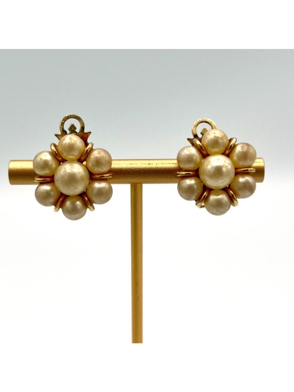 Vintage Marvella Faux Pearl Cluster Clip On Earrings Gold Tone Signed